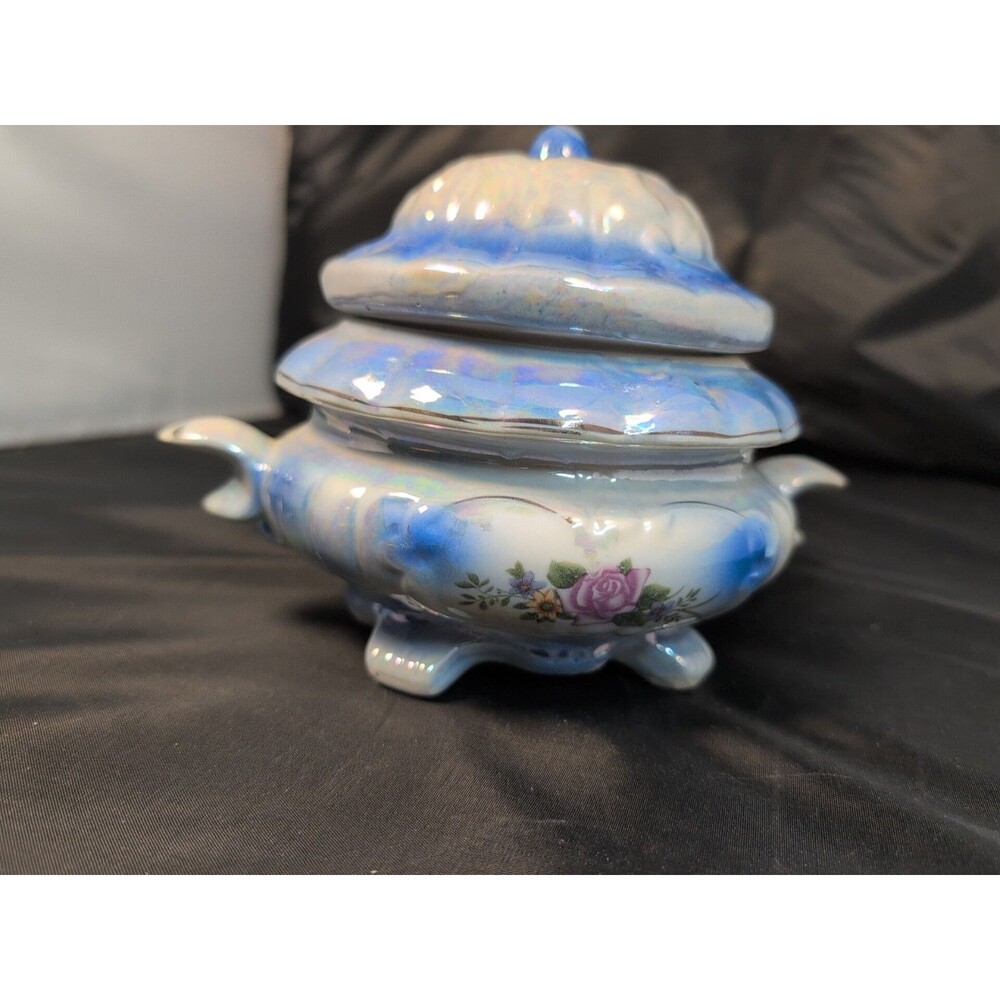 Vintage Blue Lusterware Footed Tureen w/Lid & Handles Pink Floral Motif 6"